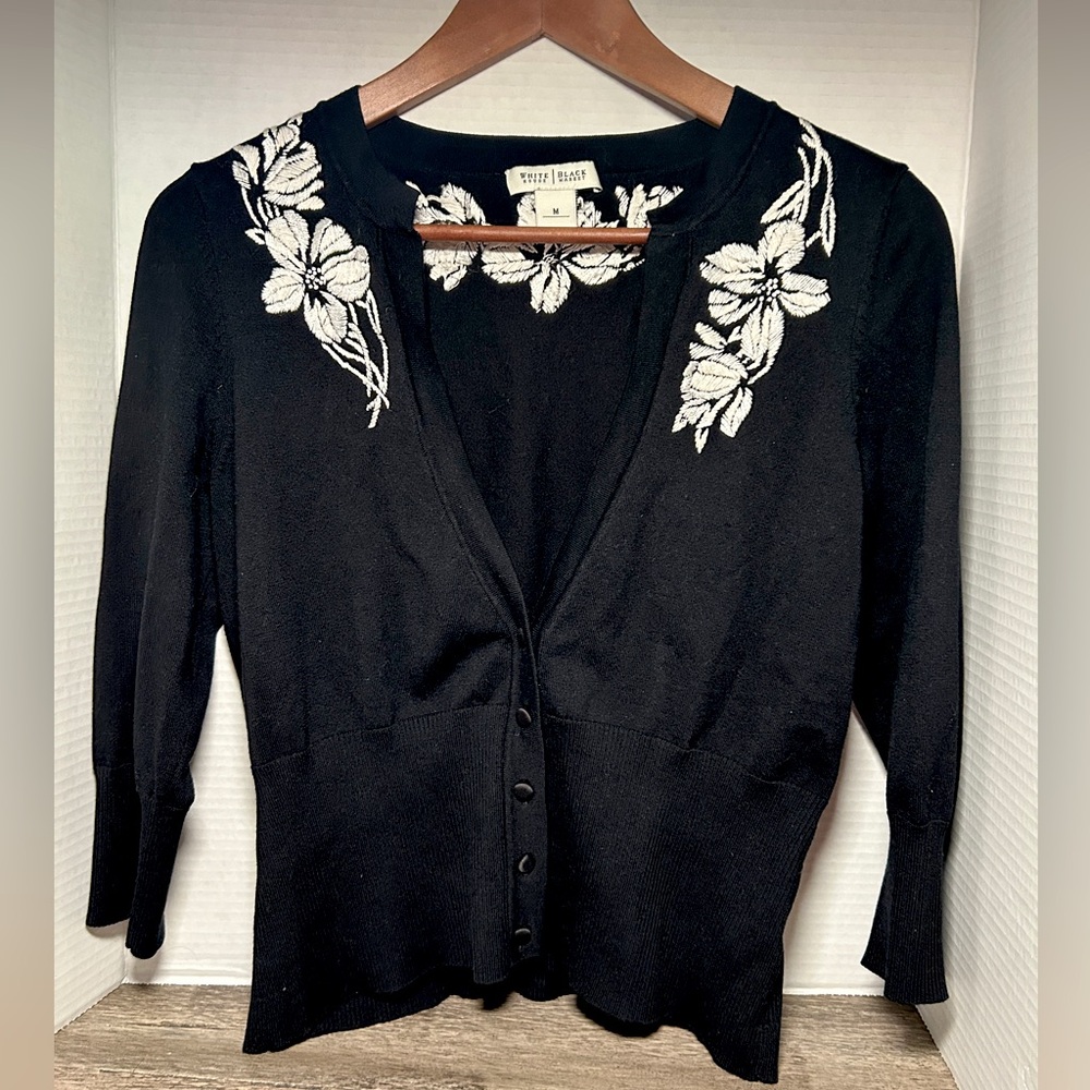 WHBM Black Floral Embroidered Sweater